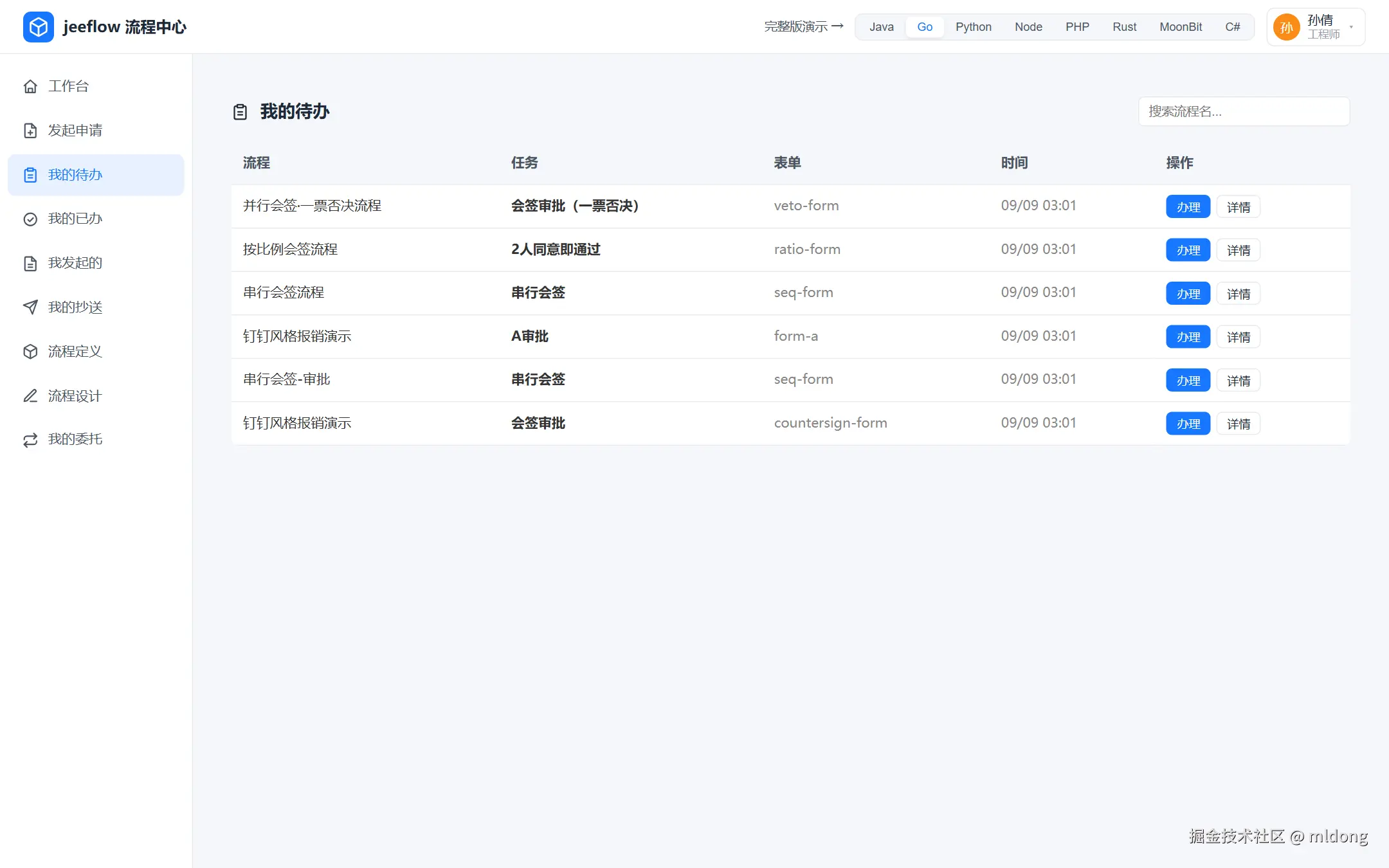 待办列表：并行会签、按比例会签、串行会签、报销流程同时在等